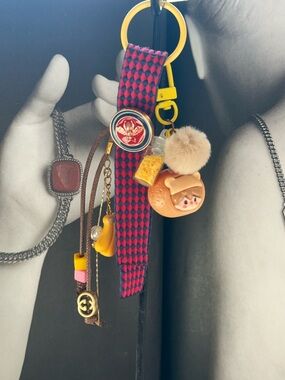 Fruit inspired Keychain Charm with Pom Pom & Pink & Blue Woven Strap